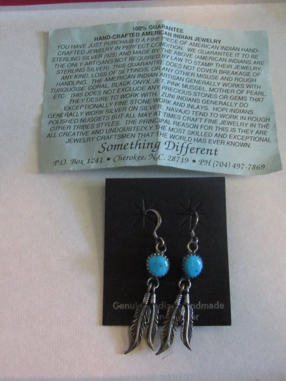 Genuine Indian Handmade Turquoise & Sterling Silver Feather Dangle Earrings COA